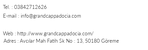 Grand Cappadocia Hotel telefon numaralar, faks, e-mail, posta adresi ve iletiim bilgileri